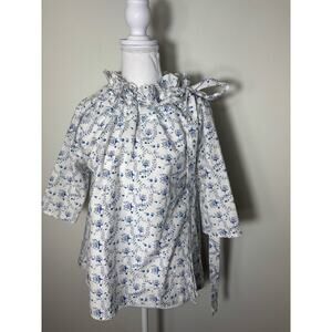 Never A Wallflower Blue White Floral 3/4 Sleeve Cotton Blouse Sz S